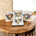 Boho Floral Bull Skull Coaster Set | Colourful Western Coasters | Handmade Set of 4
