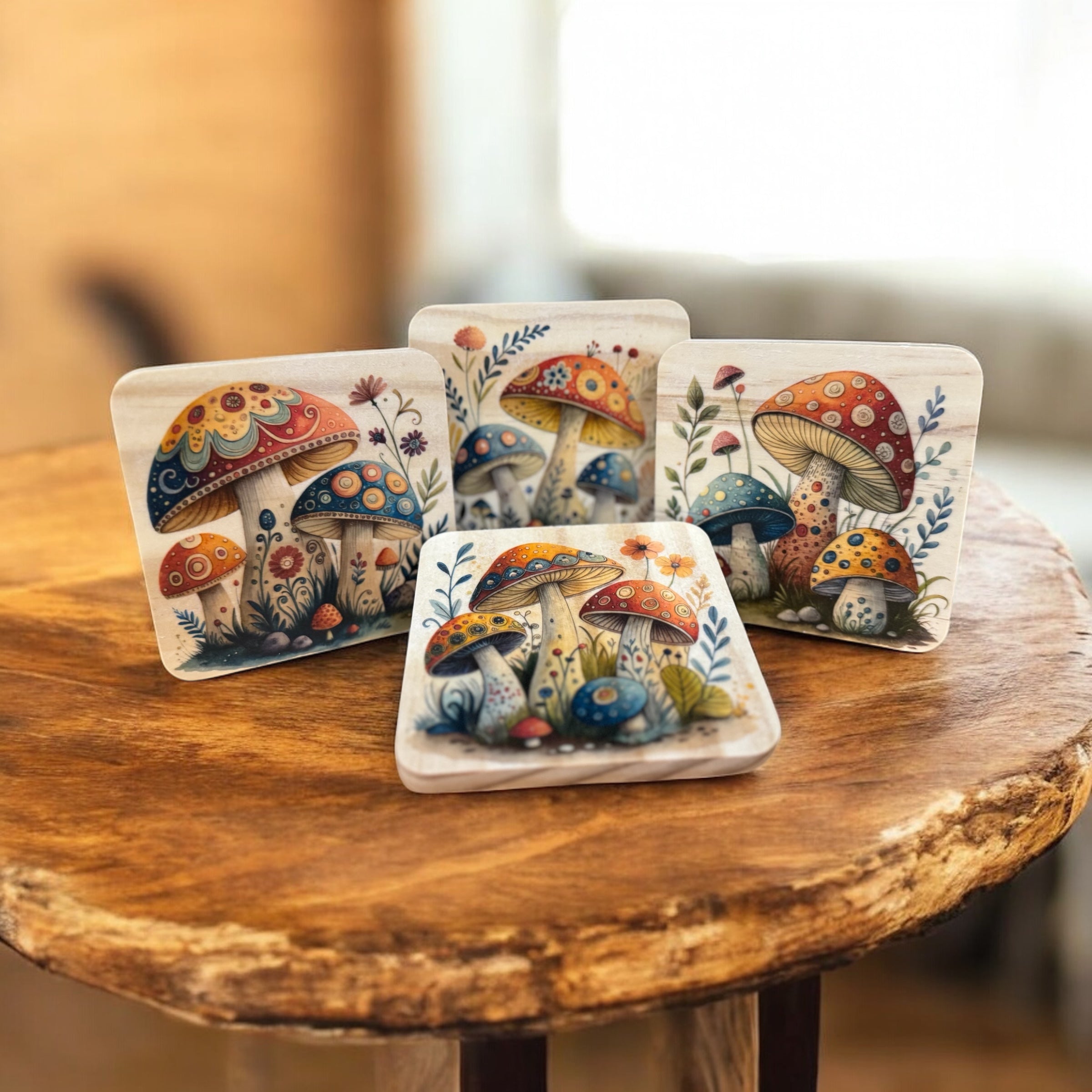 Whimsical Mushroom Coaster Set | Colourful Cottagecore Drink Coasters | Handmade Set of 4