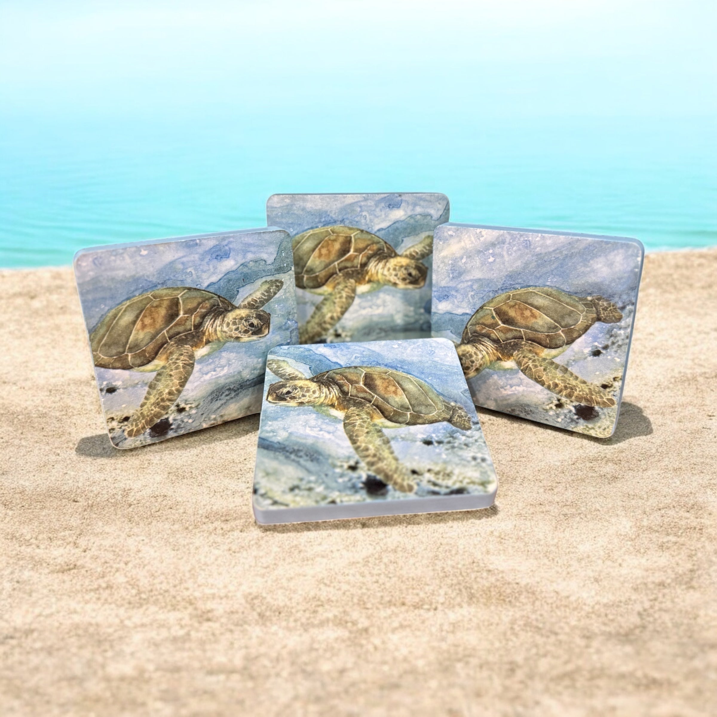 Sea Turtle Coaster Set | Coastal Ocean Drink Coasters | Handmade Set of 4