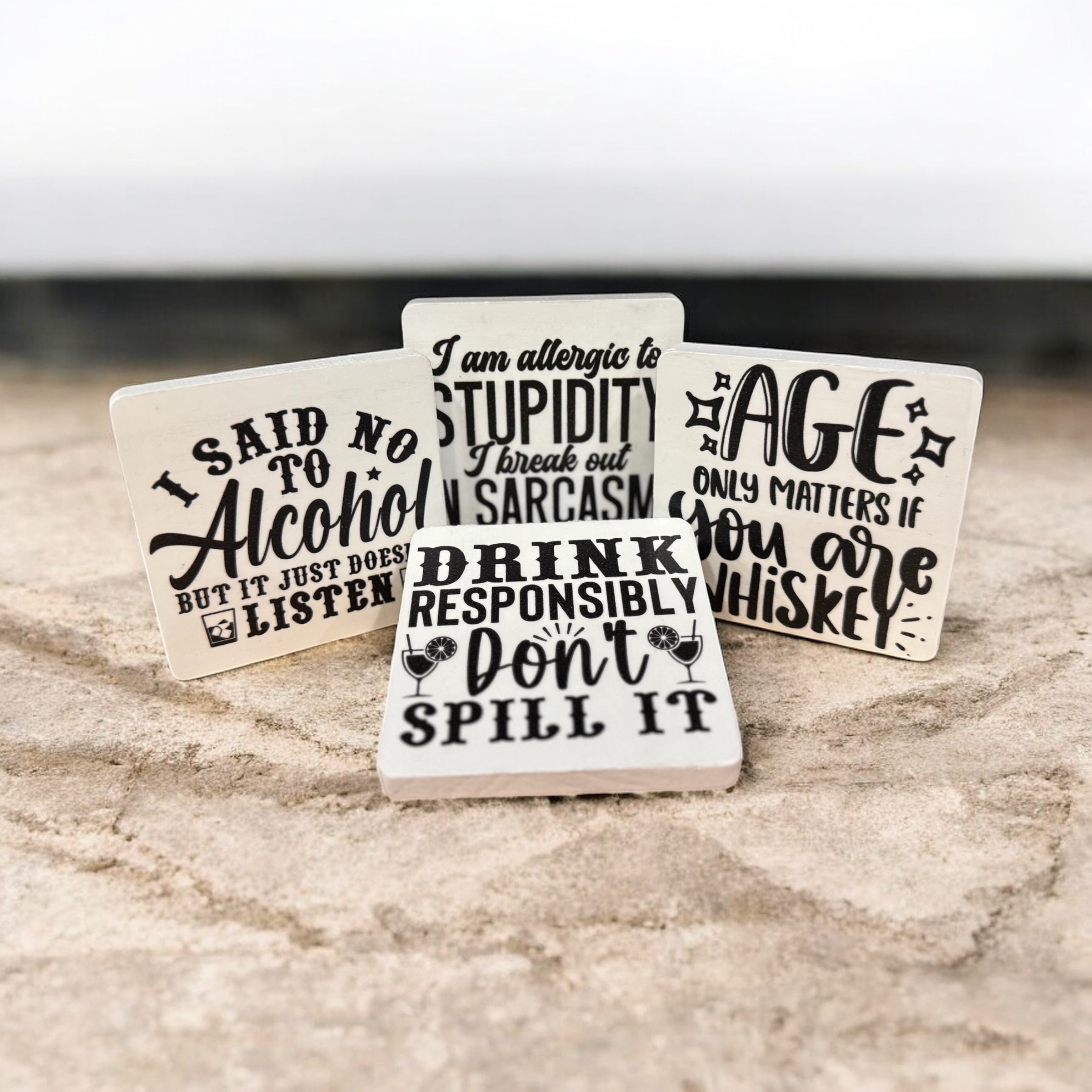 Sarcastic Happy Hour Coaster Set | Funny Cocktail & Wine Coasters | Handmade Set of 4
