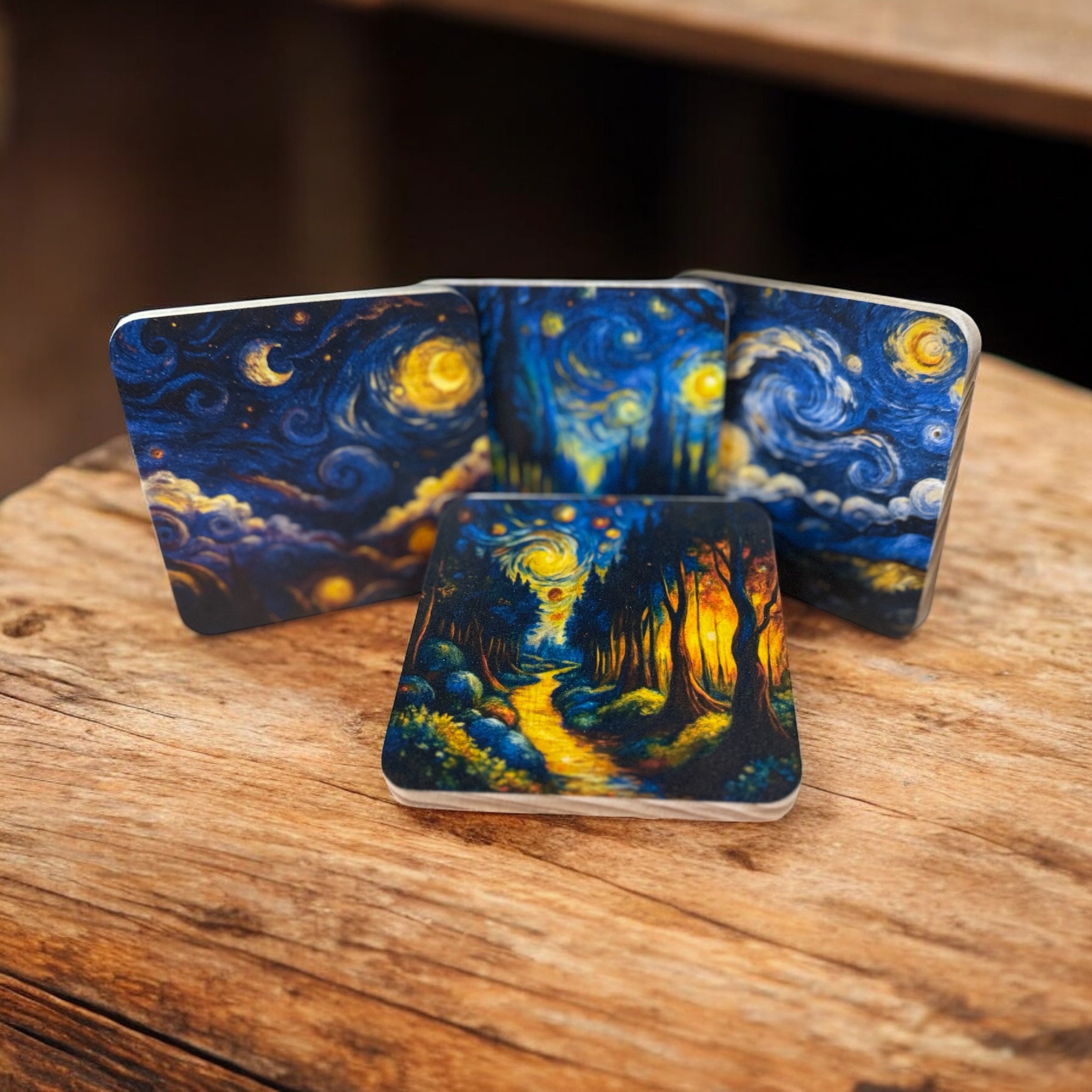 tarry Night Inspired Coaster Set | Colourful Night Sky & Woodland Coasters | Handmade Set of 4