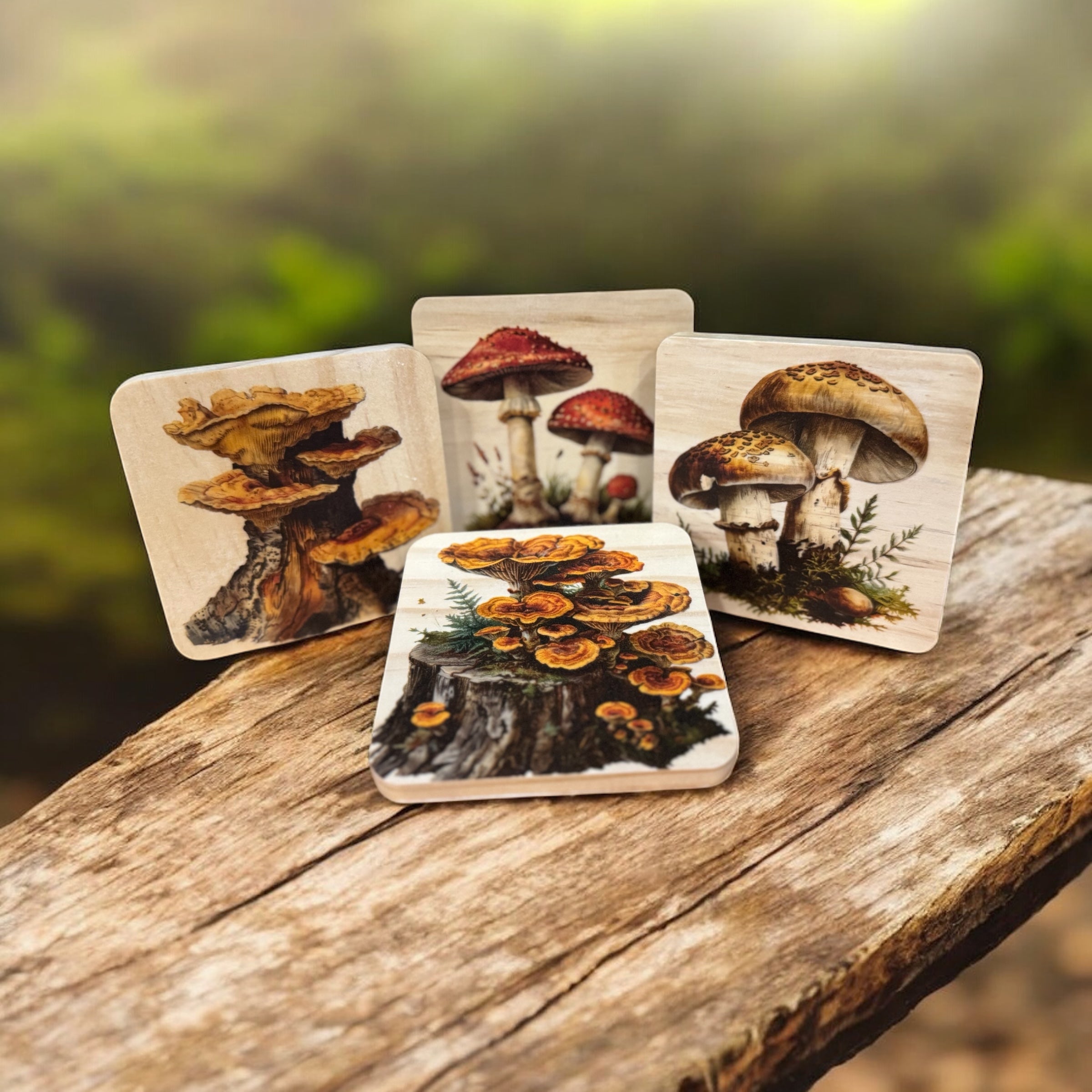 Forest Fungi Coaster Set | Rustic Woodland Mushroom Coasters | Handmade Set of 4