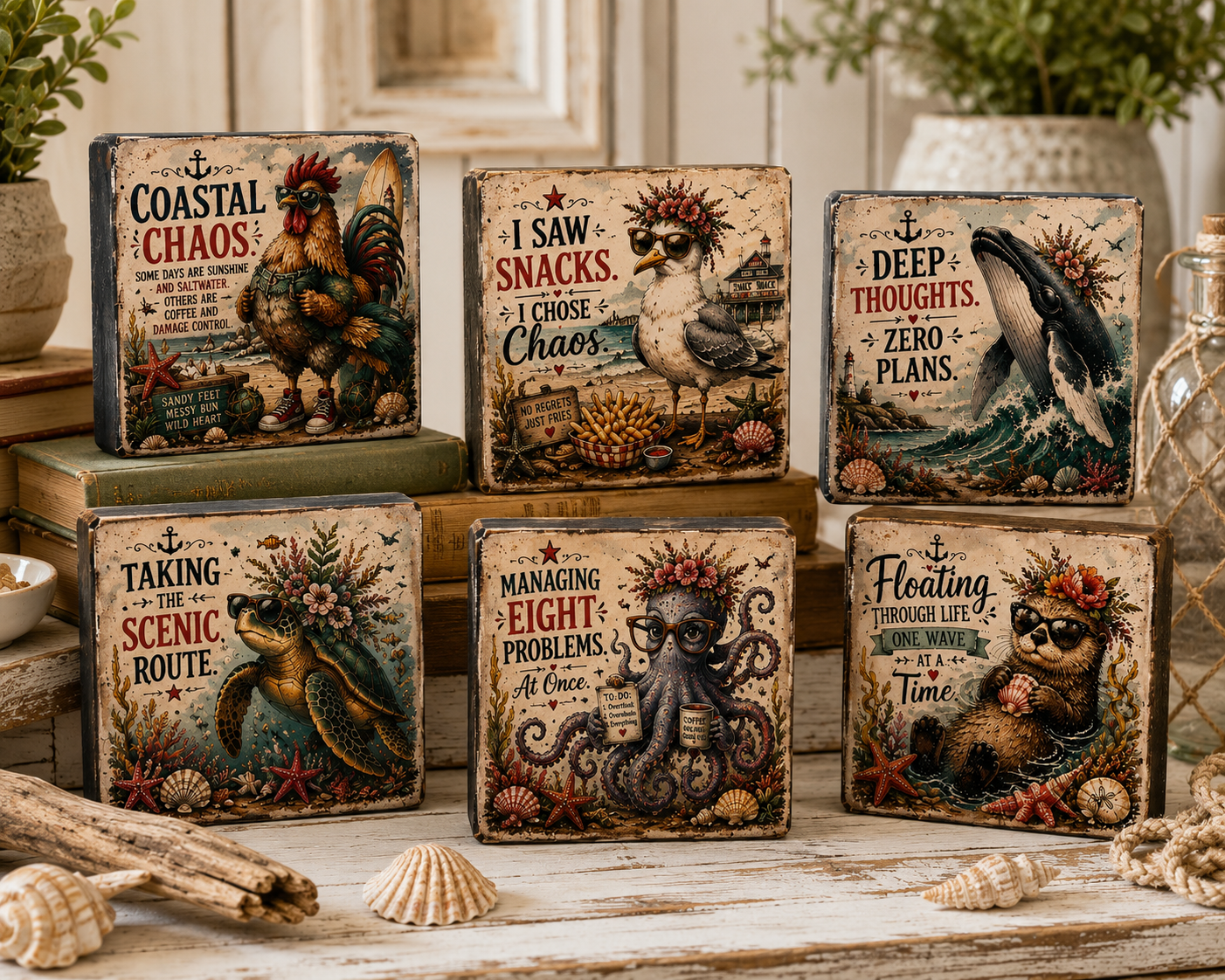 Coastal Chaos & Everyday Sass – Handmade Wood Shelf Sitters