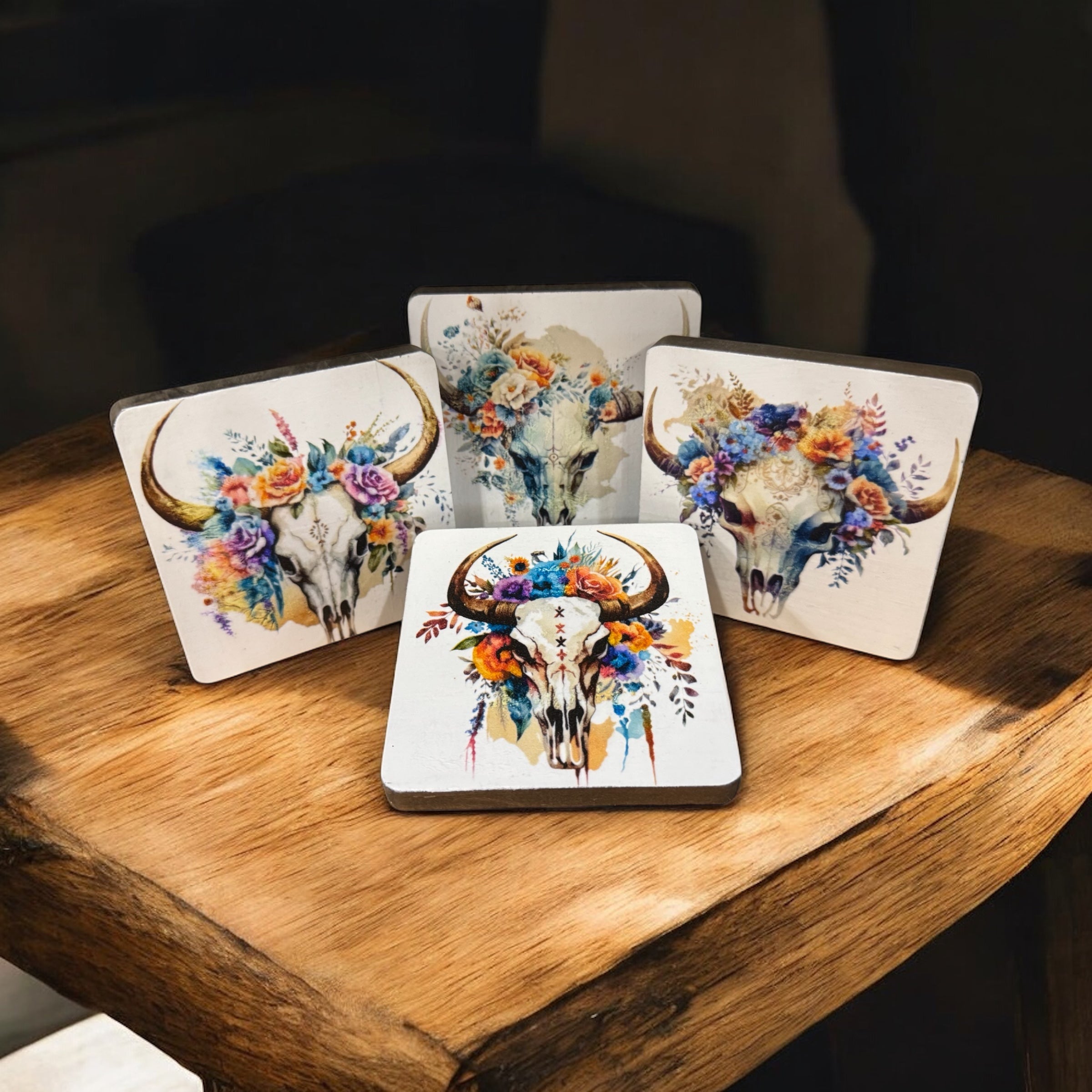 Boho Bull Skull Coaster Set | Floral Western Drink Coasters | Handmade Set of 4