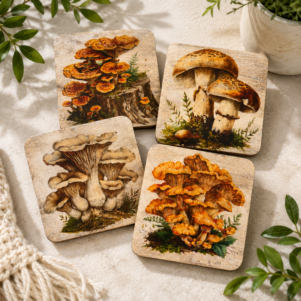 Forest Fungi Coaster Set | Rustic Woodland Mushroom Coasters | Handmade Set of 4